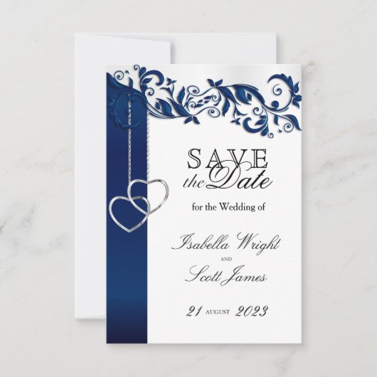 Navy Blue Floral-ontwerp - sla de datum op Save The Date (Voorkant)