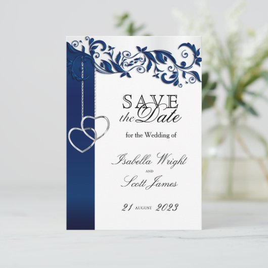 Navy Blue Floral-ontwerp - sla de datum op Save The Date (Staand voorkant)