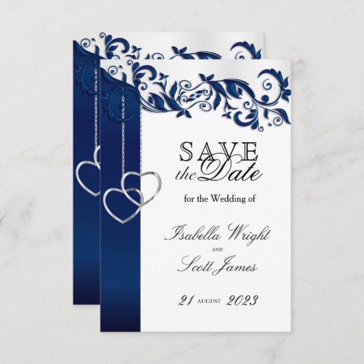 Navy Blue Floral-ontwerp - sla de datum op Save The Date (Voorkant / Achterkant)