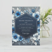 Navy Blue Floral Opulence Wedding Kaart (Staand voorkant)