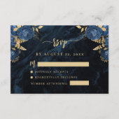 Navy Blue Floral Pale Gold Script Wedding RSVP Informatiekaartje (Voorkant)