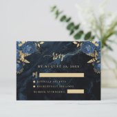 Navy Blue Floral Pale Gold Script Wedding RSVP Informatiekaartje (Staand voorkant)