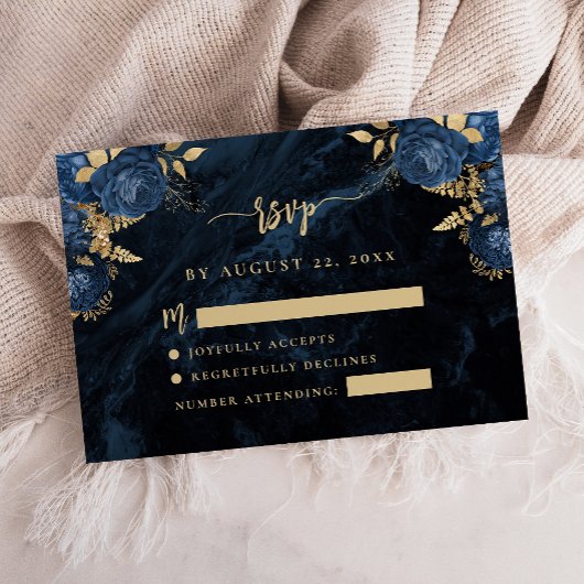 Navy Blue Floral Pale Gold Script Wedding RSVP Informatiekaartje