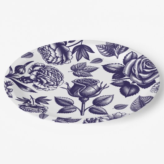 Navy Blue Floral  Papieren Bordje (Gekanteld)