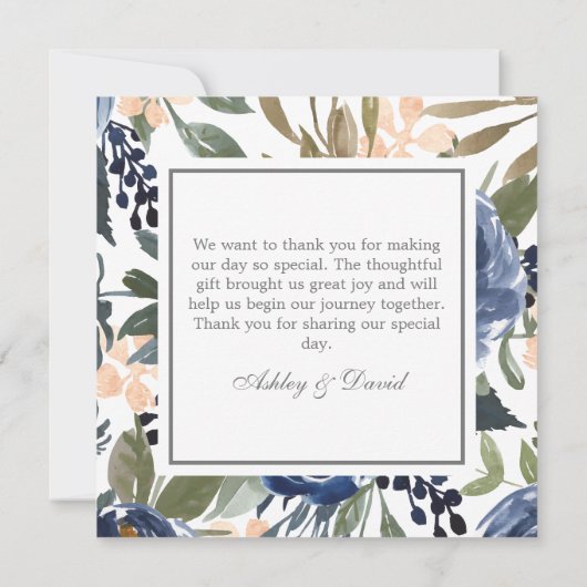 Navy Blue Floral Pattern Waterverf Wedding Bedankkaart (Achterkant)