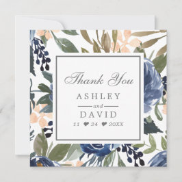 Navy Blue Floral Pattern Waterverf Wedding Bedankkaart