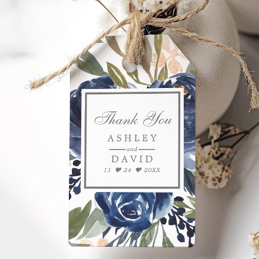 Navy Blue Floral Pattern Waterverf Wedding Cadeaulabel