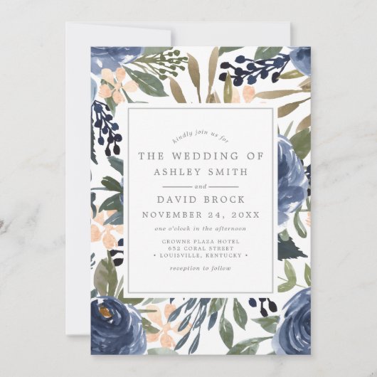 Navy Blue Floral Pattern Waterverf Wedding Kaart (Voorkant)