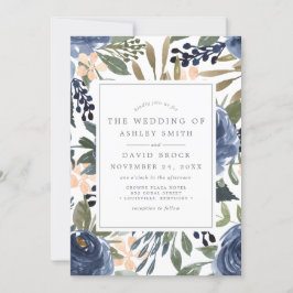 Navy Blue Floral Pattern Waterverf Wedding Kaart