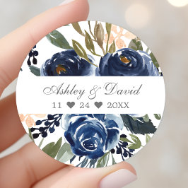 Navy Blue Floral Pattern Waterverf Wedding Ronde Sticker