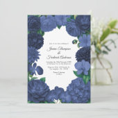 Navy Blue Floral Photo and QR Code Wedding Kaart (Staand voorkant)