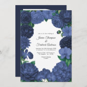 Navy Blue Floral Photo and QR Code Wedding Kaart (Voorkant / Achterkant)