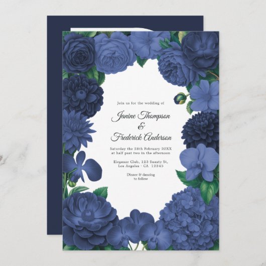 Navy Blue Floral Photo and QR Code Wedding Kaart (Voorkant / Achterkant)