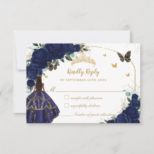 Navy Blue Floral Princess Jurk Quinceañera XV 15 RSVP Kaartje (Voorkant)