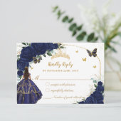 Navy Blue Floral Princess Jurk Quinceañera XV 15 RSVP Kaartje (Staand voorkant)