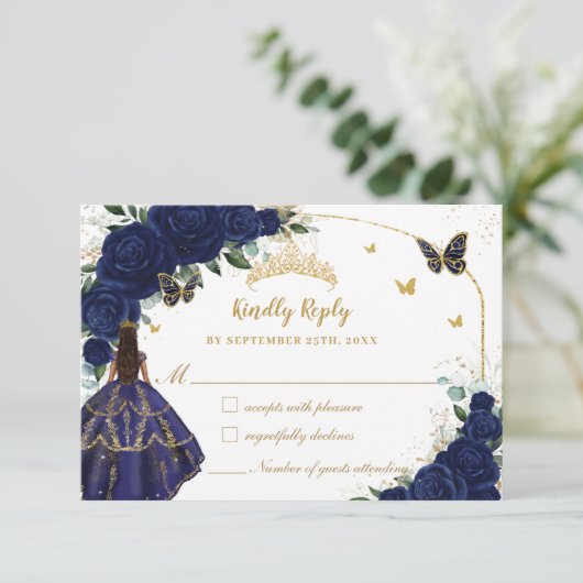 Navy Blue Floral Princess Jurk Quinceañera XV 15 RSVP Kaartje (Staand voorkant)
