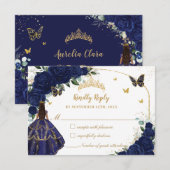 Navy Blue Floral Princess Jurk Quinceañera XV 15 RSVP Kaartje (Voorkant / Achterkant)