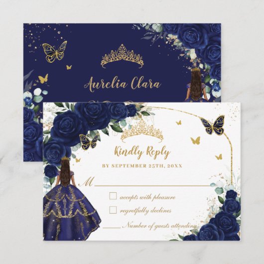 Navy Blue Floral Princess Jurk Quinceañera XV 15 RSVP Kaartje (Voorkant / Achterkant)
