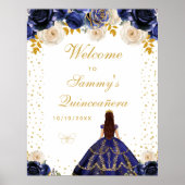 Navy Blue Floral Princess Quinceañera Welkom Poster (Voorkant)