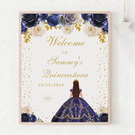 Navy Blue Floral Princess Quinceañera Welkom Poster