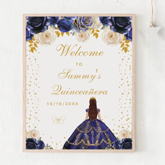 Navy Blue Floral Princess Quinceañera Welkom Poster