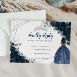 Navy Blue Floral Princess Silver Quinceañera Reage RSVP Kaartje
