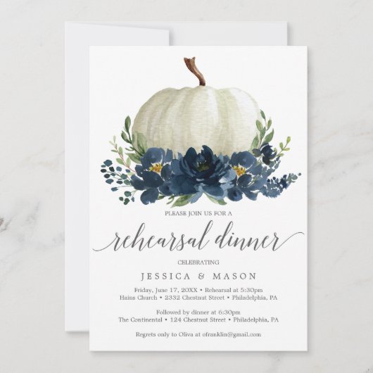 Navy Blue Floral Pumpkin Rehearsal Dinner Invitati Kaart (Voorkant)