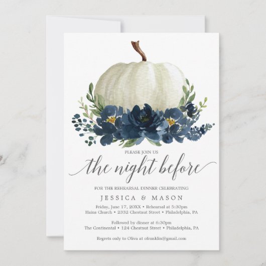 Navy Blue Floral Pumpkin Rehearsal Dinner Kaart (Voorkant)