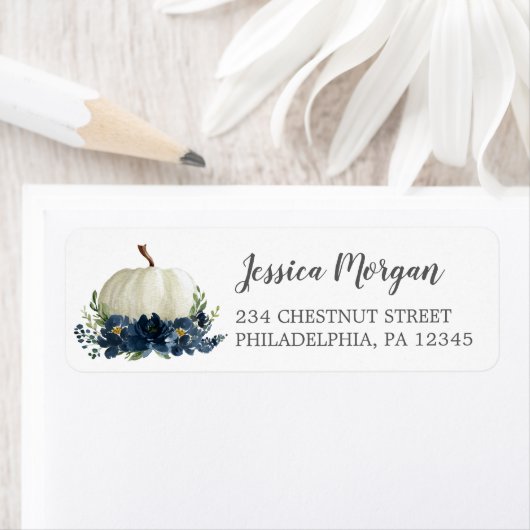 Navy Blue Floral Pumpkin Return Address Label (Insitu)