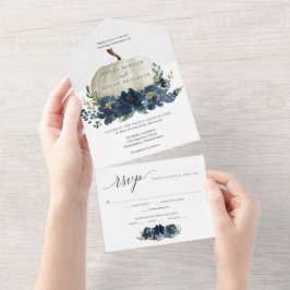 Navy Blue Floral Pumpkin Wedding All In One Uitnodiging