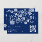 Navy Blue Floral QR Code Wedding Details Card Informatiekaartje (Voorkant / Achterkant)