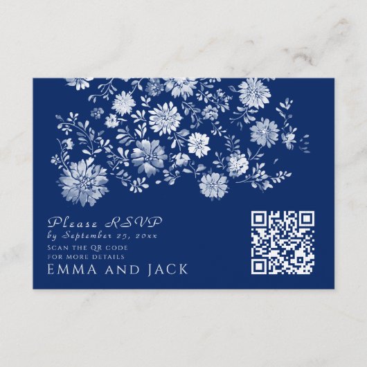 Navy Blue Floral QR Code Wedding Details Card Informatiekaartje (Voorkant)