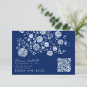 Navy Blue Floral QR Code Wedding Details Card Informatiekaartje (Staand voorkant)