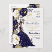 Navy Blue Floral Quincanera Save the Date Aankondigingskaart (Voorkant / Achterkant)