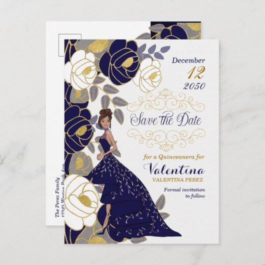 Navy Blue Floral Quincanera Save the Date Aankondigingskaart (Voorkant / Achterkant)