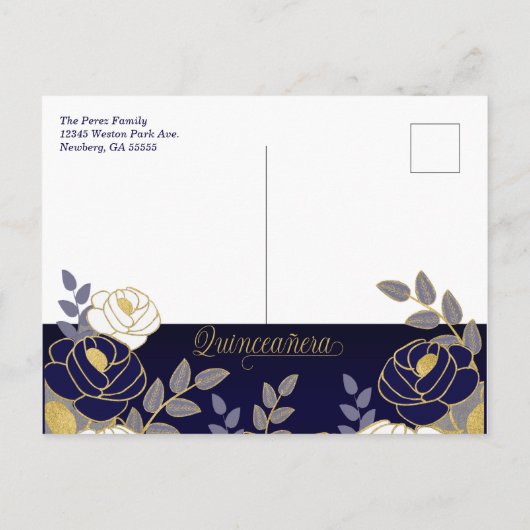 Navy Blue Floral Quincanera Save the Date Aankondigingskaart (Achterkant)