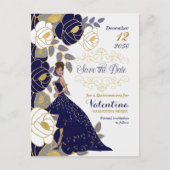 Navy Blue Floral Quincanera Save the Date Aankondigingskaart (Voorkant)