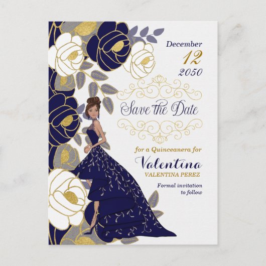 Navy Blue Floral Quincanera Save the Date Aankondigingskaart (Voorkant)