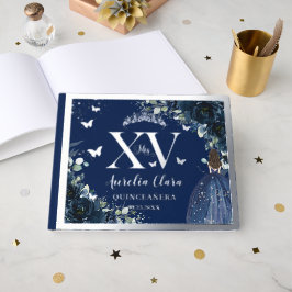 Navy Blue Floral Quinceañera Quince 15 Silver Gastenboek