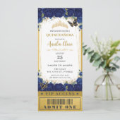Navy Blue Floral Quinceañera Sweet 16 VIP Ticket Kaart (Staand voorkant)
