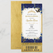 Navy Blue Floral Quinceañera Sweet 16 VIP Ticket Kaart (Voorkant / Achterkant)