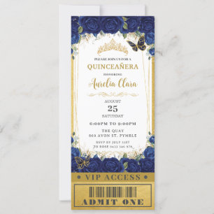 Navy Blue Floral Quinceañera Sweet 16 VIP Ticket Kaart