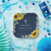 Navy Blue Floral Religious Cross Baptisme Papieren Bordje (Feest)