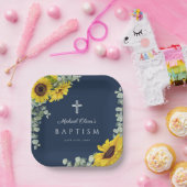 Navy Blue Floral Religious Cross Baptisme Papieren Bordje (Feest)