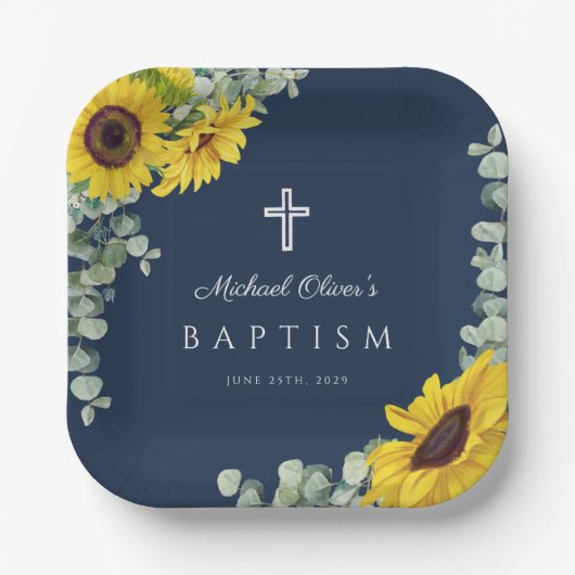 Navy Blue Floral Religious Cross Baptisme Papieren Bordje (Voorkant)