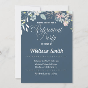 Navy Blue Floral Retirement Party Invite Kaart