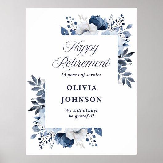 Navy Blue Floral Retirement Party Welkomstbord Poster (Voorkant)