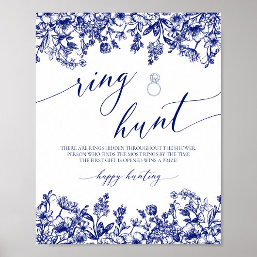 Navy Blue Floral Ring Hunt Vrijgezellenfeest Spelb Poster (Voorkant)