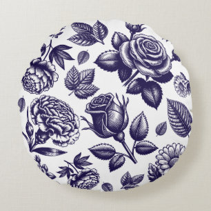 Navy Blue Floral  Rond Kussen