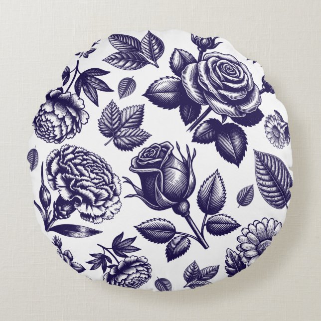 Navy Blue Floral  Rond Kussen (Voorkant)